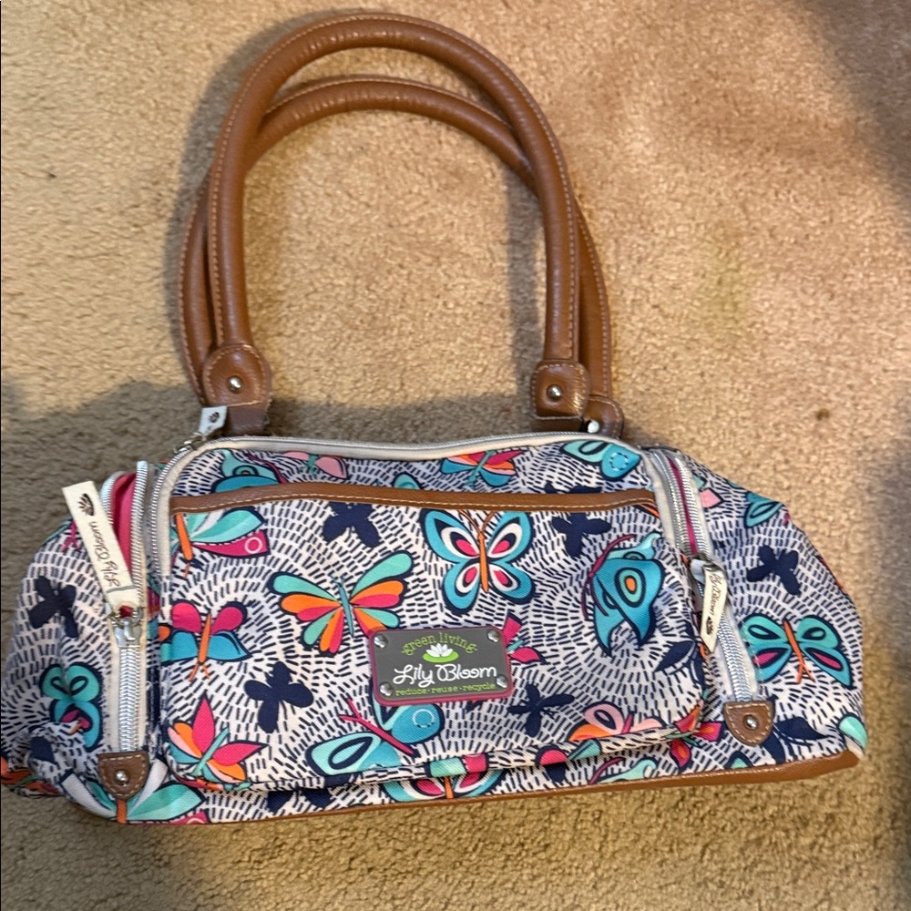 Lily Bloom Multicolor Butterfly Print Shoulder Bag with Brown Trim